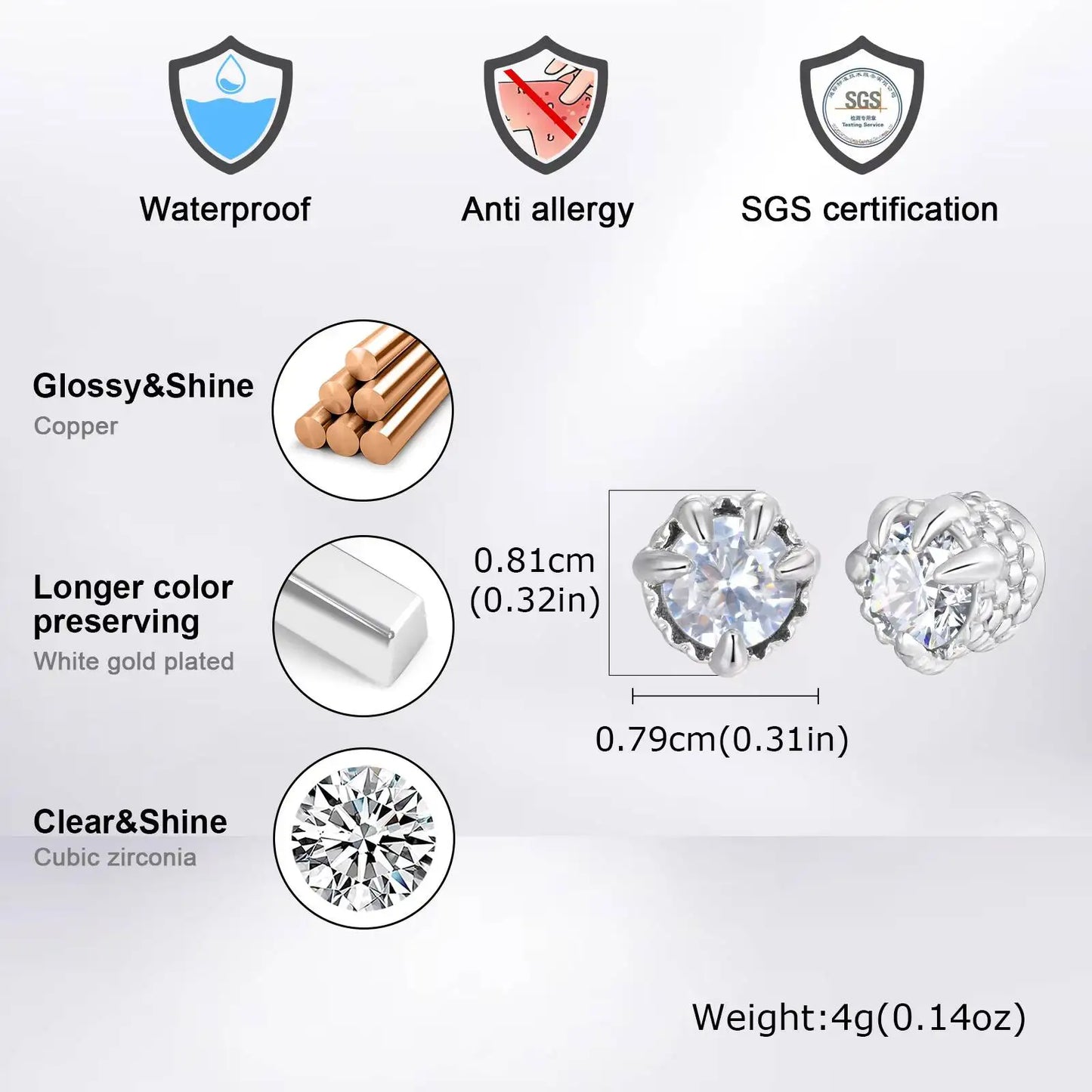 Vnox Magnetic Clip Earrings Non Piercing | Hip Hop Zircon Studs for Men Women Silver Party Gifts