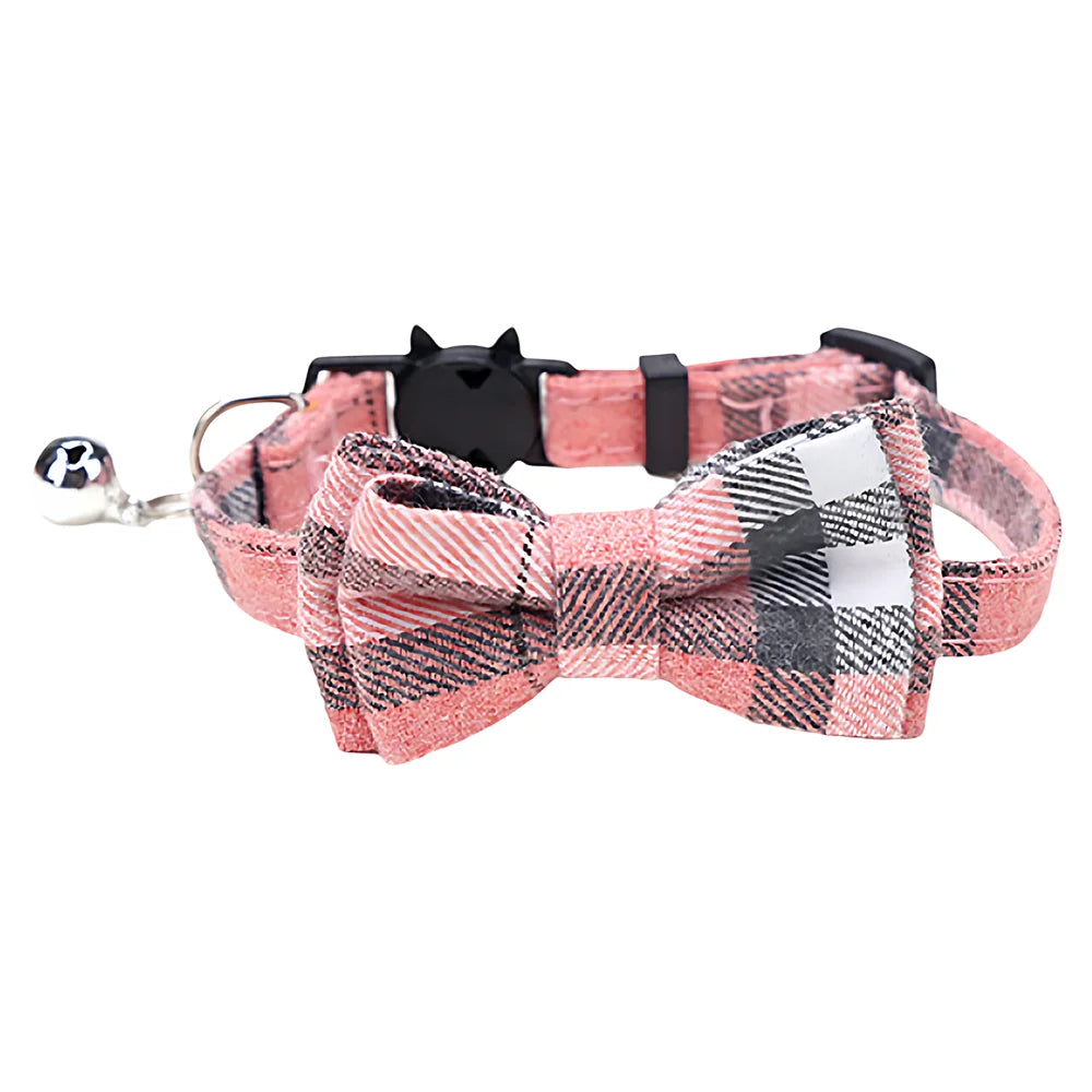 Pet Cat Adjustable Collar, British Plaid Bow Tie Collar, Pet Bell Collar with Buckle, Cat Dog Collar, 1PC