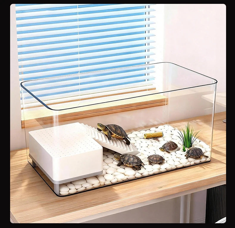 Transparent Reptile Terrarium Tank with Basking Area for Pet Turtles Hermit Crabs Tortoises - Turtle Adoption Habitat