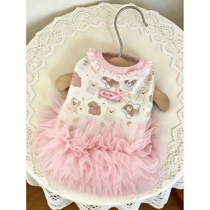Pet Dresses Cat Pet Summer Clothes Pink Bow Teddy Skirt Small and Medium-sized Dog Cartoon Printed Vest Casual Female Dog Dress