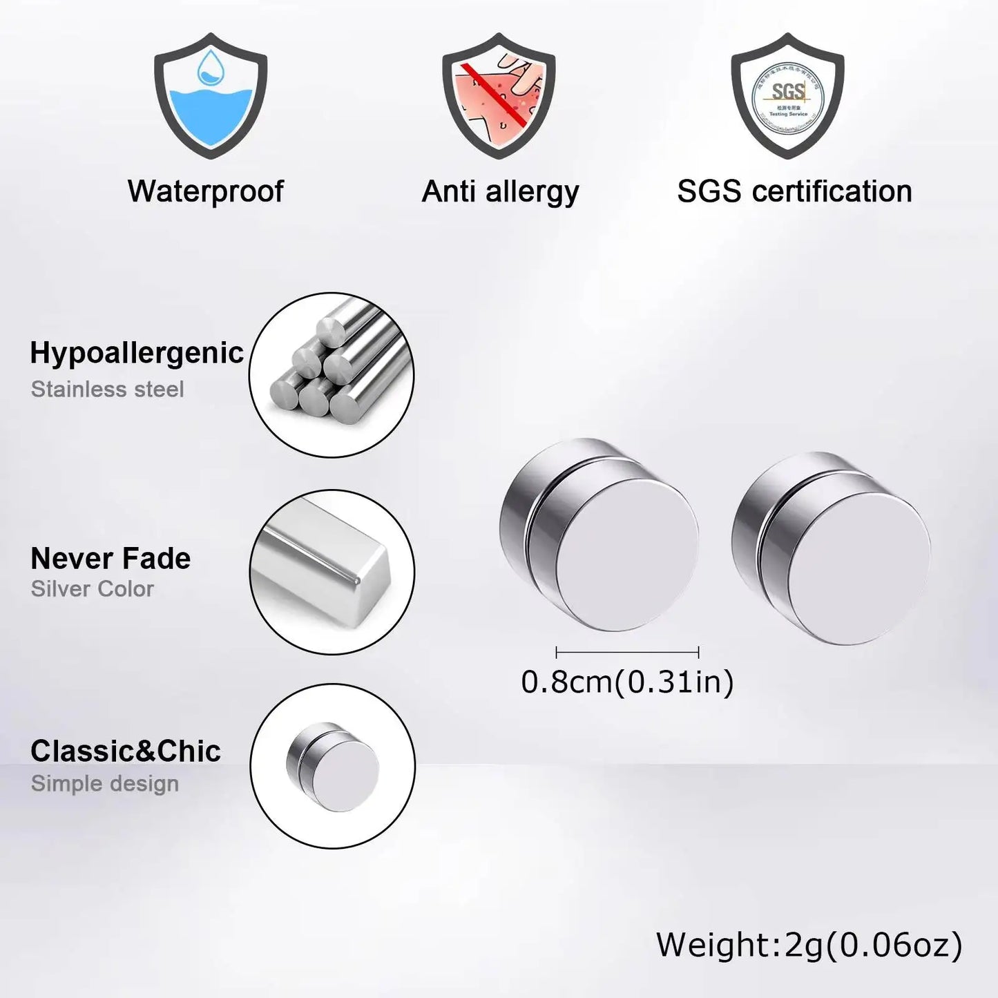 Vnox Magnetic Clip Earrings Non Piercing | Hip Hop Zircon Studs for Men Women Silver Party Gifts