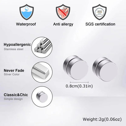 Vnox Magnetic Clip Earrings Non Piercing | Hip Hop Zircon Studs for Men Women Silver Party Gifts
