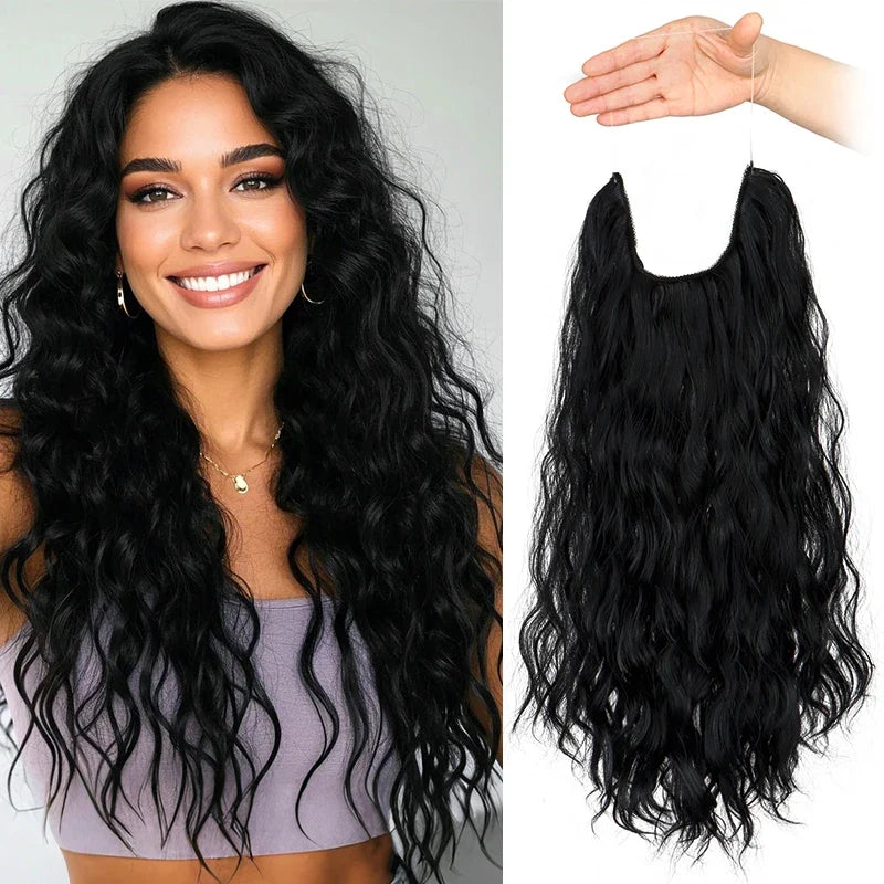 Long Synthetic Fishing Line Hair Extensions Elegant Water Wave Curly Styles for Women | Lightweight Fluffy-Looking Hairpiece