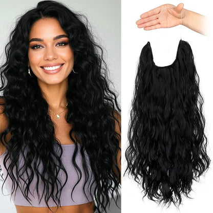 Long Synthetic Fishing Line Hair Extensions Elegant Water Wave Curly Styles for Women | Lightweight Fluffy-Looking Hairpiece