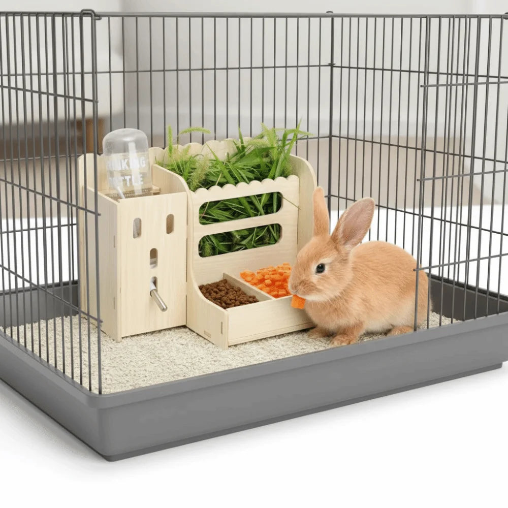 2 in 1 Rabbit Hay Feeder Bite Resistant Detachable Rabbit Food Manger with Bottle Rabbit Hay Rack Cage Accessories