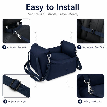 Pet Car Booster Seat for Small Dogs | Dark Blue Polyester Fabric | Removable Cushion & Safety Straps | Cozy Travel Bed