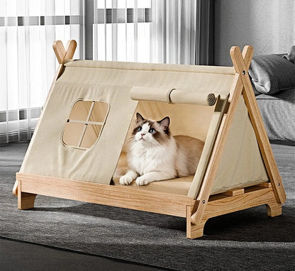 Cat Bed with Window Wooden Cat Tent Bed Elevated Pet House Dogs Bed with Stable Frame Pet Supplies Safe Comfortable Cat Bed