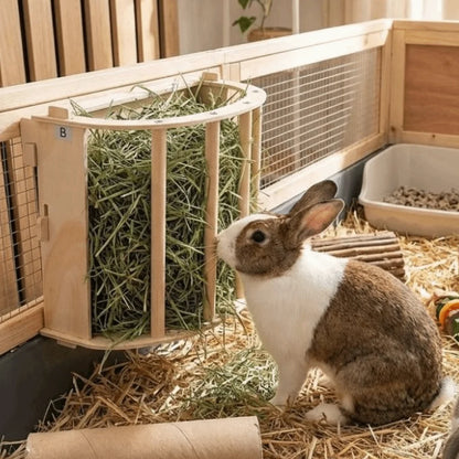 Practical Wooden Bunny Hay Feeder Hanging Fixed Built-in Hay Feeder Rack Detachable Grass Dispenser Guinea Pig Feeder Hamster