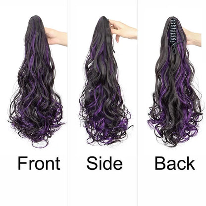 20 Inch Long Curly Ponytail Hair Extension | Mixed Red Purple Clip-In Hairpiece