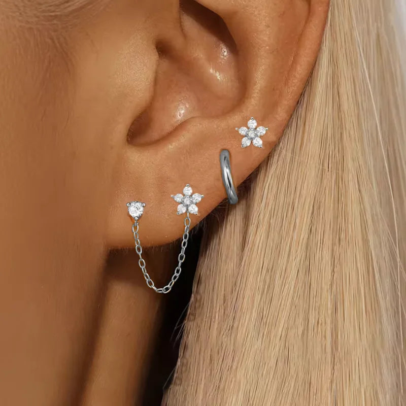 3PCS Stainless Steel Zircon Flower Star Ear Stud Earrings Set | 14K Gold Plated Chain Cartilage Piercing Earrings for Women