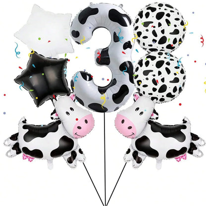 7pcs Cow Print Number Balloon Set | Farm Animal Birthday Party Decoration