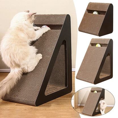 Eco-Friendly Corrugated Cat Scratcher 2-in-1 Triangle - with Rotating Ball, Sturdy Reversible Anti-Scratch Board for Indoor Cats