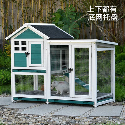 Rabbit Cage Anti Spray Urine Deluxe Double Drawer Rabbit Hutch Solid Wood Pigeon Coop Chicken Cage Bottom Mesh Outdoor