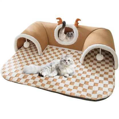 Cat Bed and Play Tunnel Warm House Tent with Plush Mat Indoor Hideaway Corner Shelter Foldable Pet Furniture for Kittens Cats