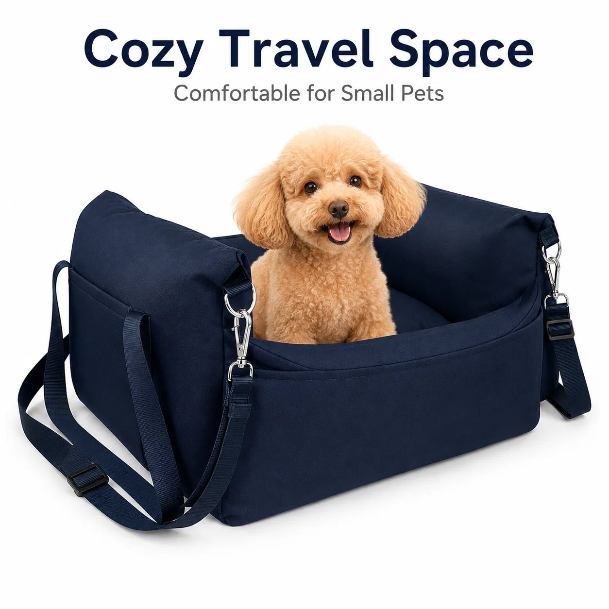 Pet Car Booster Seat for Small Dogs | Dark Blue Polyester Fabric | Removable Cushion & Safety Straps | Cozy Travel Bed