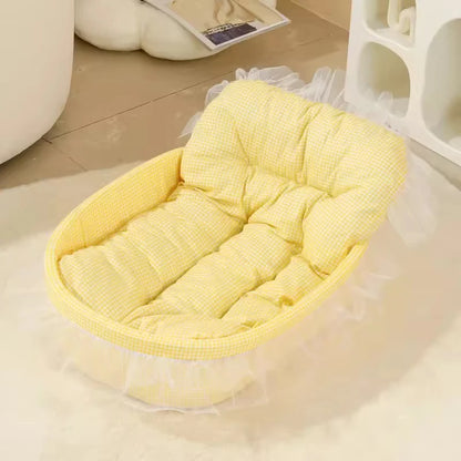 1set Cute Lace-Trimmed Pet Princess Bed For Winter - Soft Polyester Plush Oval for Small Dogs/Cats, Easy Assembly Indoor Use