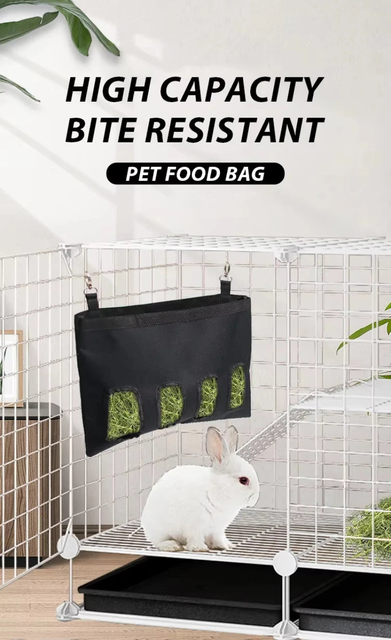 Rabbit Hay Bag Hanging Pouch Feeder Holder Black Durable Feeding Dispenser Container for Rabbit Guinea Pig Small Animals