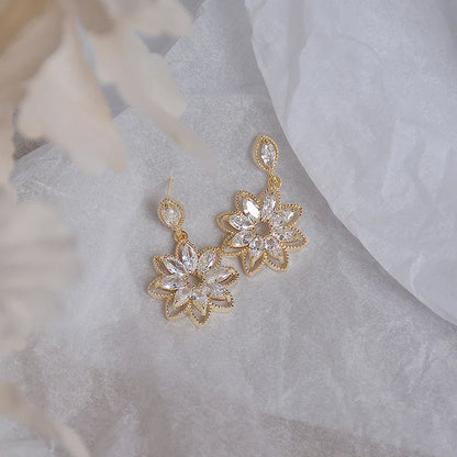 14K Real Gold Dainty Korean Flower Earrings for Women | Bling AAA Zirconia Stud Earrings