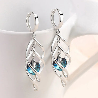 925 Silver Blue Crystal Drop Earrings | Hollow Long Dangle Earrings for Women