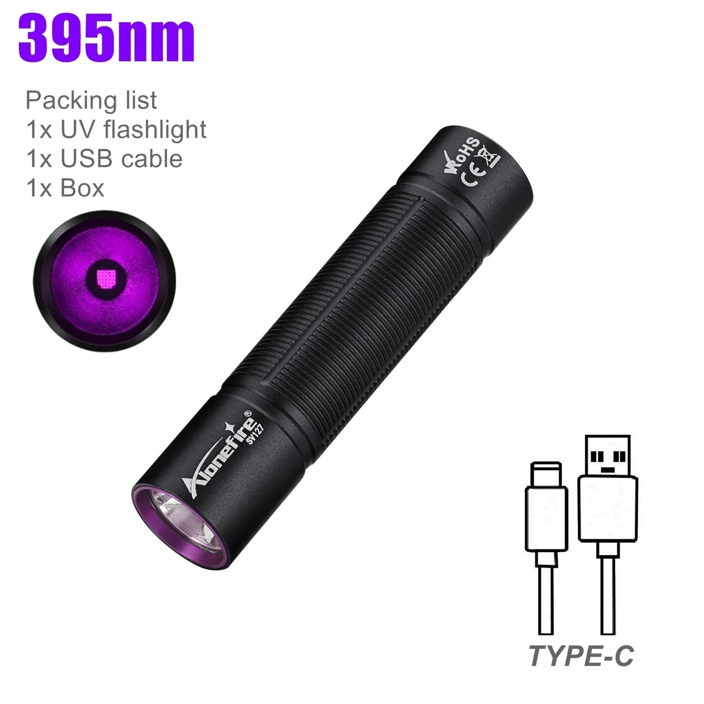 Mini 365nm/395nm Blacklight UV Flashlight | USB Rechargeable Pet Urine Detector