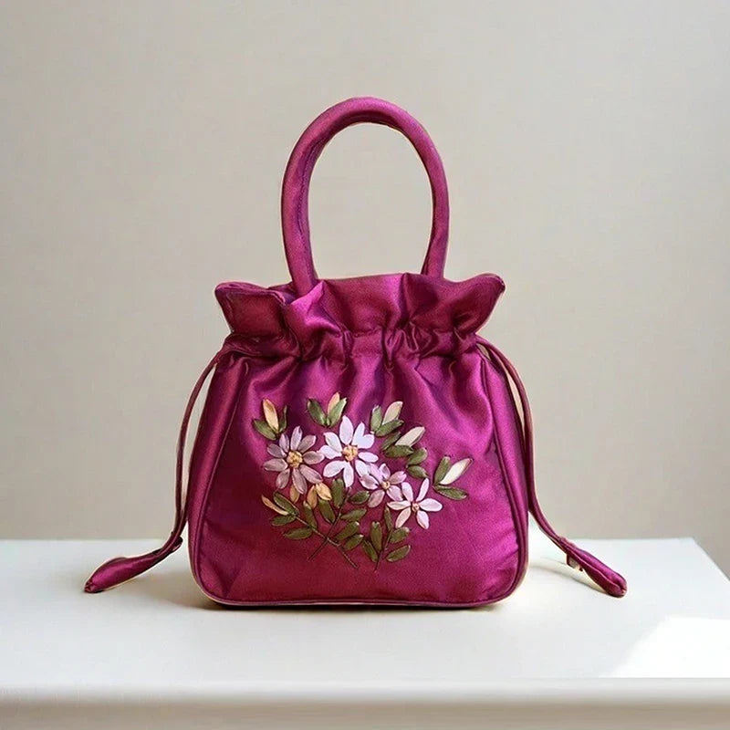 Small Embroidered Flower Bucket Bag | Women's Top Handle Drawstring Purse