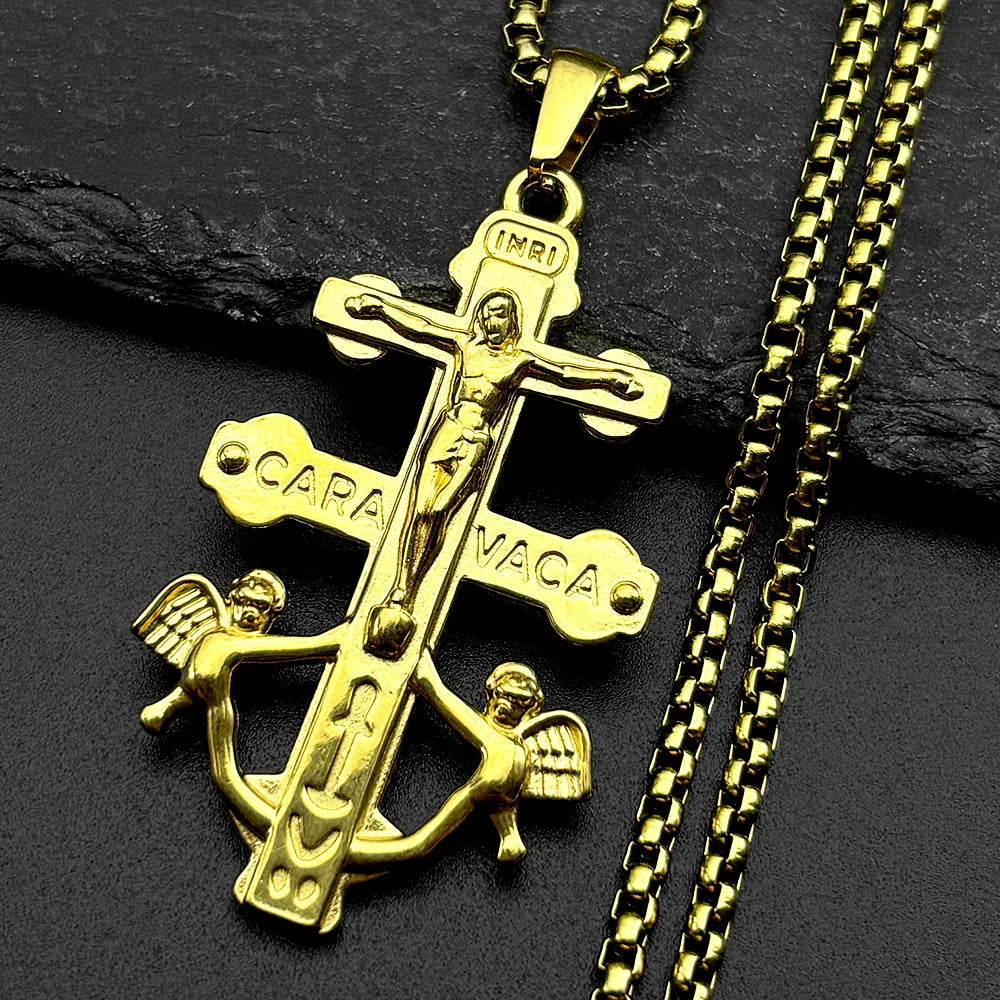 Catholic INRI Caravaca Cross Jesus Crucifix Pendant Necklace | Stainless Steel Gold Color Jewelry Gift