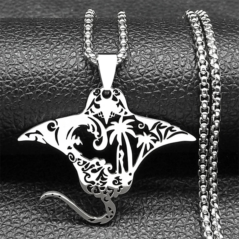 Manta Ray Sea Devil Fish Pendant Necklace | Stainless Steel Gold Silver Color Chain Jewelry
