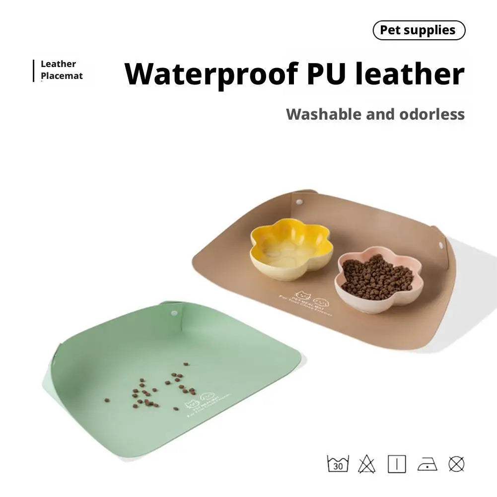 PU Leather Pet Feeding Mat Spill Proof Waterproof Oil Resistant Non Slip Bowl Holder Easy Clean Floor Protector for Dogs Cats