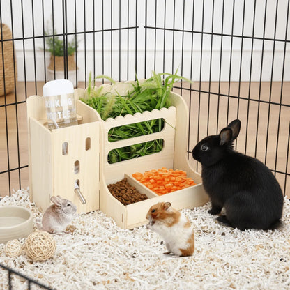 2 in 1 Rabbit Hay Feeder Bite Resistant Detachable Rabbit Food Manger with Bottle Wooden Grass Dispenser Cage Accessories