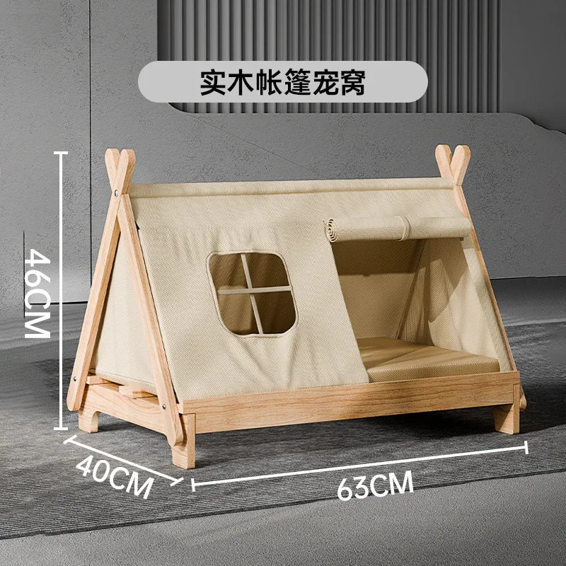 Cat Bed with Window Wooden Cat Tent Bed Elevated Pet House Dogs Bed with Stable Frame Pet Supplies Safe Comfortable Cat Bed