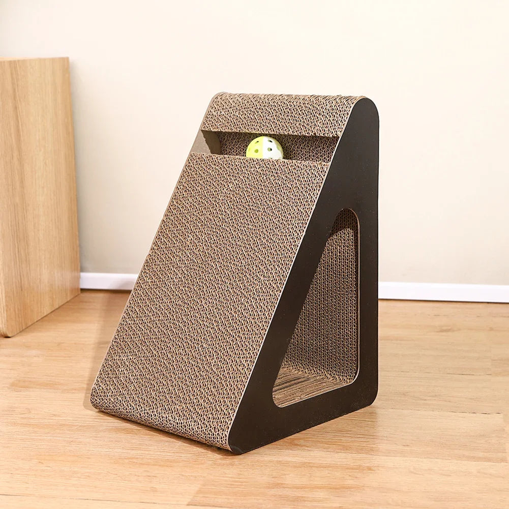 Eco-Friendly Corrugated Cat Scratcher 2-in-1 Triangle - with Rotating Ball, Sturdy Reversible Anti-Scratch Board for Indoor Cats