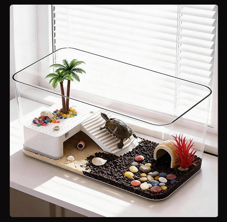 Transparent Reptile Terrarium Tank with Basking Area for Pet Turtles Hermit Crabs Tortoises - Turtle Adoption Habitat