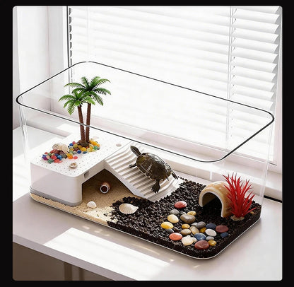 Transparent Reptile Terrarium Tank with Basking Area for Pet Turtles Hermit Crabs Tortoises - Turtle Adoption Habitat