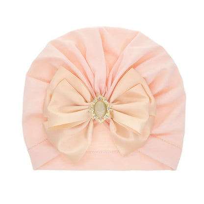 Solid Color Baby Turban Bow Beanie with Rhinestone | Handmade Infant Cap for Girls 0-2 Years