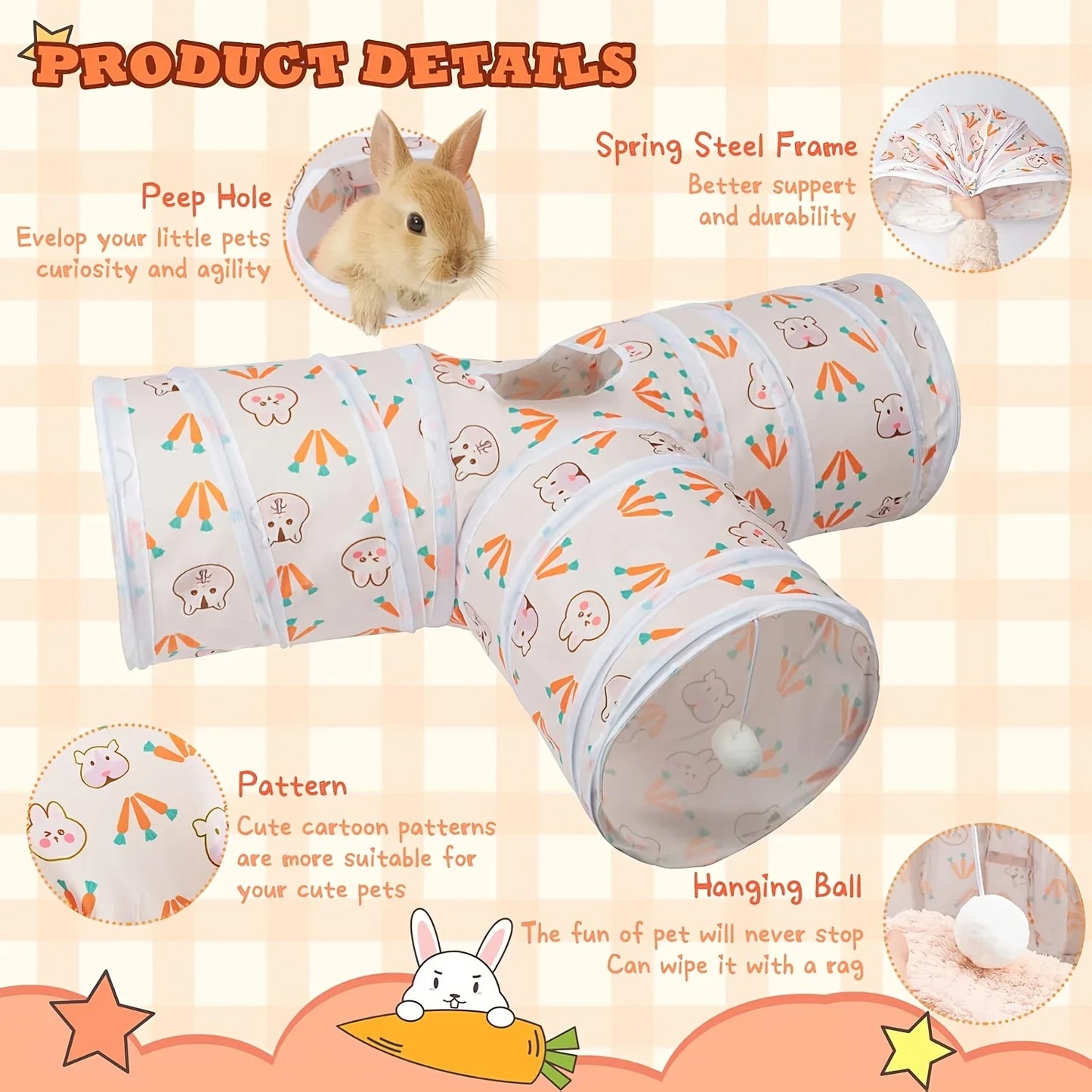 Three-Door Rabbit Tunnel - Foldable toy tube, suitable for hiding places for small pets