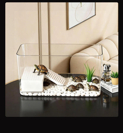 Transparent Reptile Terrarium Tank with Basking Area for Pet Turtles Hermit Crabs Tortoises - Turtle Adoption Habitat