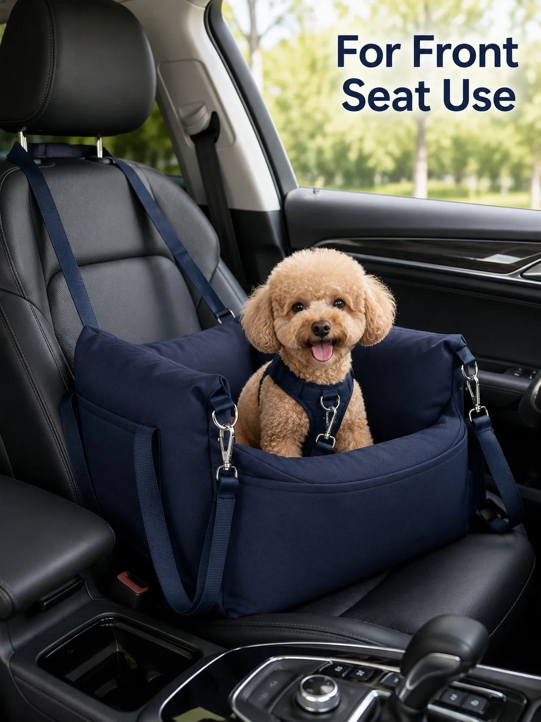 Pet Car Booster Seat for Small Dogs | Dark Blue Polyester Fabric | Removable Cushion & Safety Straps | Cozy Travel Bed