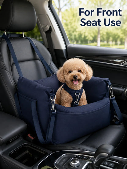 Pet Car Booster Seat for Small Dogs | Dark Blue Polyester Fabric | Removable Cushion & Safety Straps | Cozy Travel Bed