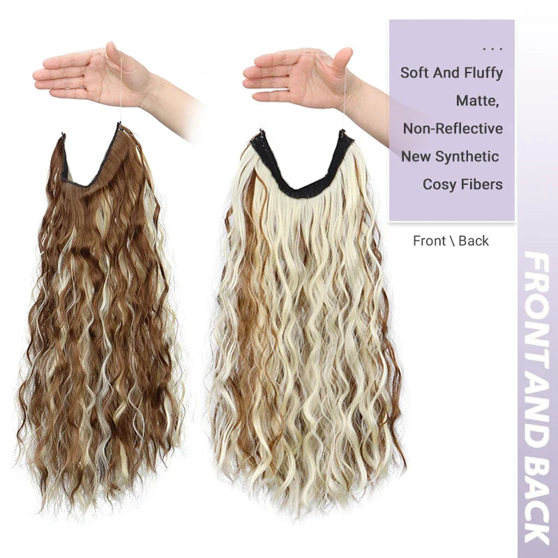 Long Synthetic Fishing Line Hair Extensions Elegant Water Wave Curly Styles for Women | Lightweight Fluffy-Looking Hairpiece