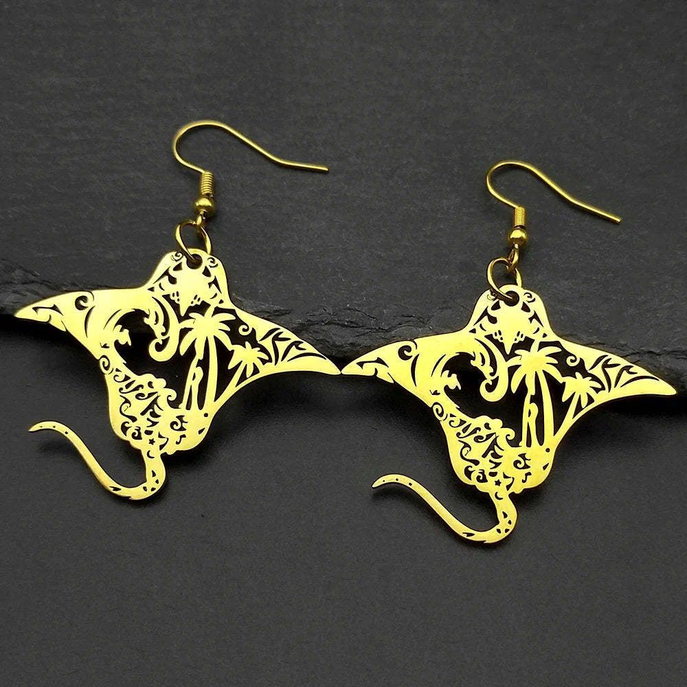 Manta Ray Sea Devil Fish Pendant Necklace | Stainless Steel Gold Silver Color Chain Jewelry