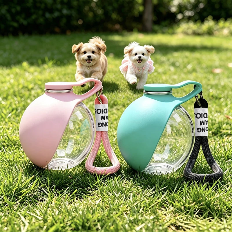 Plastic pet water bottle, outdoor preparation with pink and blue foldable bowls,