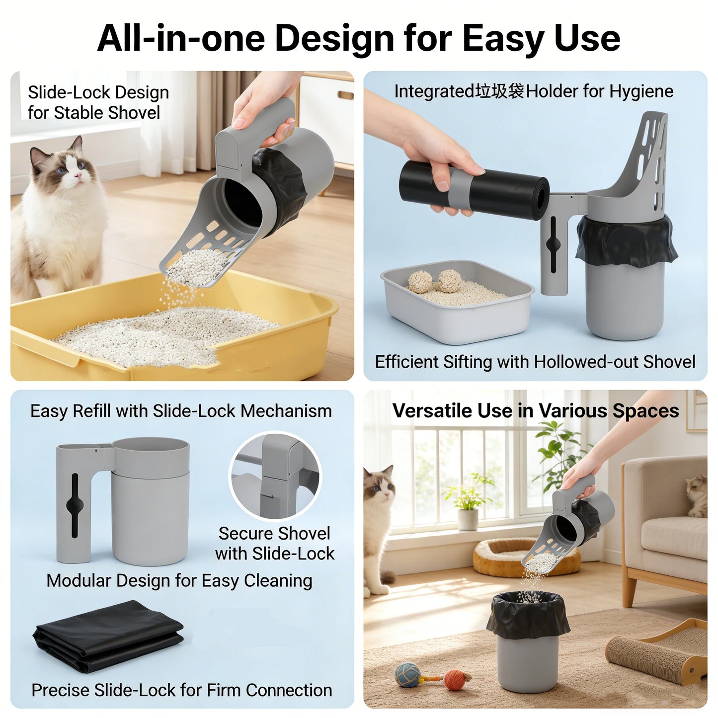 2-in-1 Cat Litter Scoop with Storage Container, Detachable Litter Sifter Shovel with Built-in Bag Dispenser, Portable Cat Litter