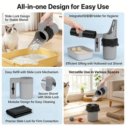 2-in-1 Cat Litter Scoop with Storage Container, Detachable Litter Sifter Shovel with Built-in Bag Dispenser, Portable Cat Litter