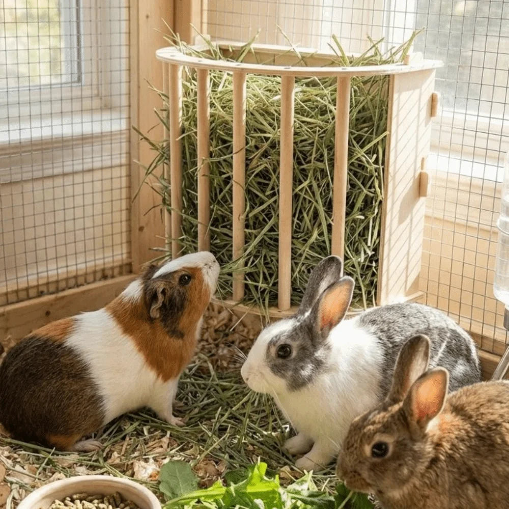 Practical Wooden Bunny Hay Feeder Hanging Fixed Built-in Hay Feeder Rack Detachable Grass Dispenser Guinea Pig Feeder Hamster