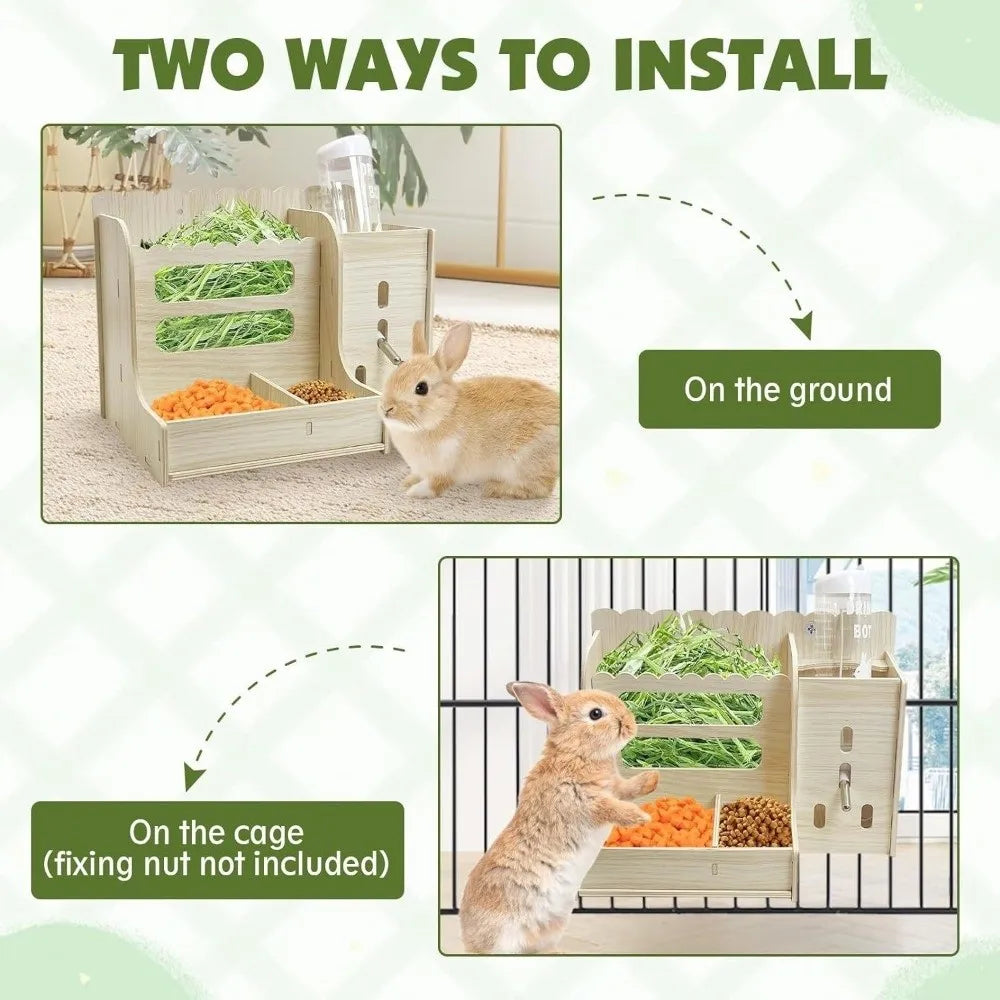 2 in 1 Rabbit Hay Feeder Bite Resistant Detachable Rabbit Food Manger with Bottle Wooden Grass Dispenser Cage Accessories