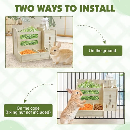 2 in 1 Rabbit Hay Feeder Bite Resistant Detachable Rabbit Food Manger with Bottle Wooden Grass Dispenser Cage Accessories