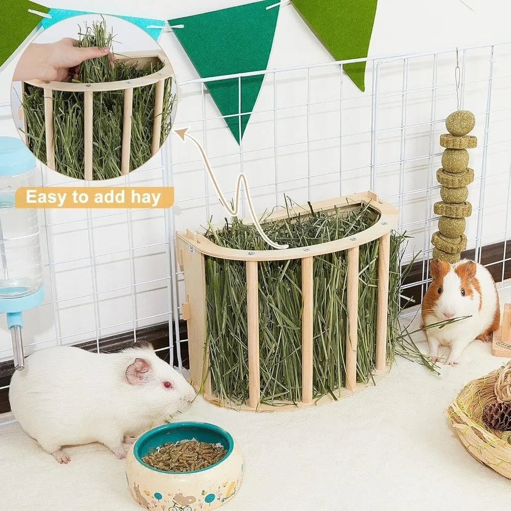 Practical Wooden Bunny Hay Feeder Hanging Fixed Built-in Hay Feeder Rack Detachable Grass Dispenser Guinea Pig Feeder Hamster
