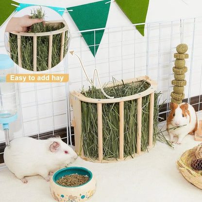 Practical Wooden Bunny Hay Feeder Hanging Fixed Built-in Hay Feeder Rack Detachable Grass Dispenser Guinea Pig Feeder Hamster