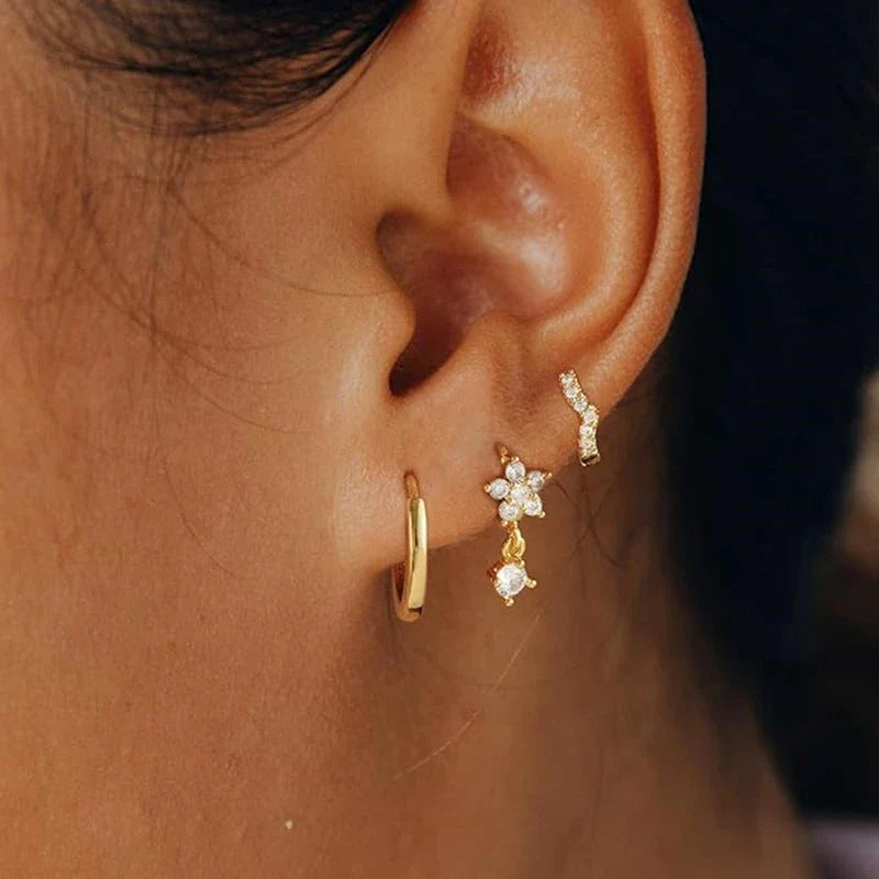 3PCS Double Flower Tragus Stud Earring Set | Cartilage Hoop and Helix Jewelry for Women