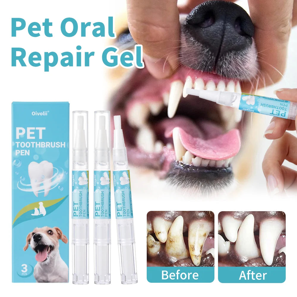 Pet Teeth Cleaning Pen with Soft Brush Dental Gel for Dogs & Cats Tartar Control Fresh Breath Soothes Gums Mild Formula 3pcs/box